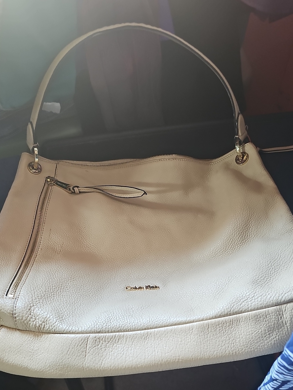 Calvin Klein Cream Pebbled Leather Shoulder Bag with Gold Hardware